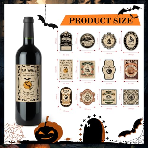 Halloween Wine Bottle Labels - Gothic Party Decorations for Wine Bottles, Set of 36
