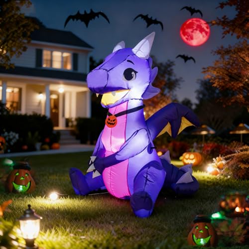 5 Ft Halloween Inflatable Purple Dragon with LED Lights for Yard & Garden Decor