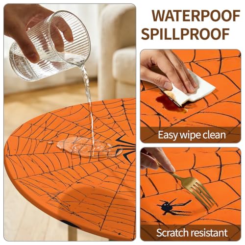 48 Inch Fall Waterproof Round Tablecloth with Elastic Edge - Halloween Fitted Cover, D-halloween Variation
