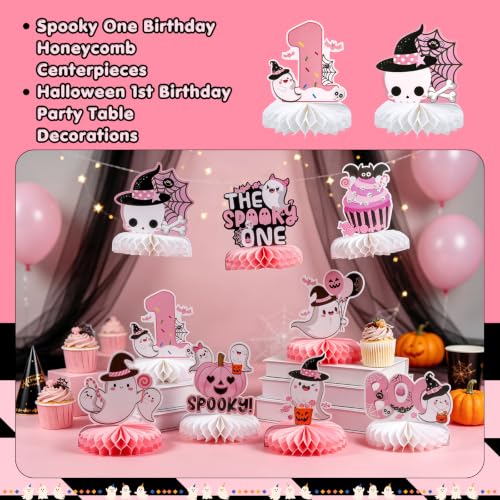Halloween Spooky One First Birthday Table Centerpieces - Girl Pink Ghosts & Pumpkins