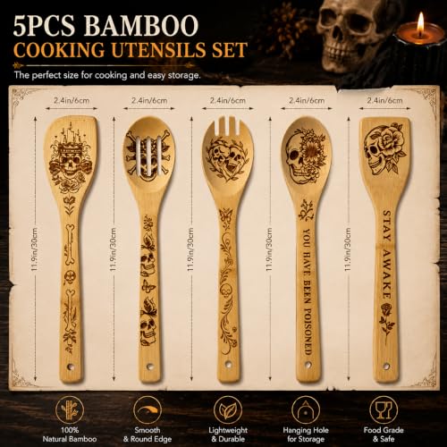 Skull Wooden Cooking Spoons Set - Gothic Halloween Kitchen Utensils, 5-Piece