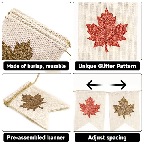 Beige Glitter Maple Leaf Banner - Fall Burlap Garland for Thanksgiving & Harvest