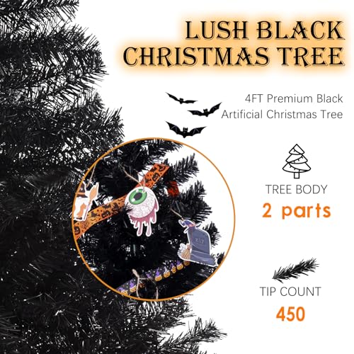 Black 4FT Artificial Christmas Tree with PVC Branches & Metal Stand - Halloween Decor