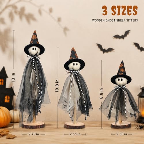 Halloween Ghost Decorations Set with Witch Hats - Rustic Wooden Shelves, Indoor Tabletop Halloween Decor