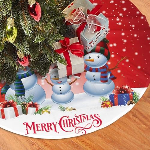 36in Snowman Family Christmas Tree Skirt - Red Background, Holiday Decor