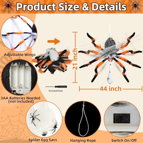 Halloween Animatronic Giant Hanging Spider with Egg Sac - 44 Inch, Orange & Black, Lights & Sounds