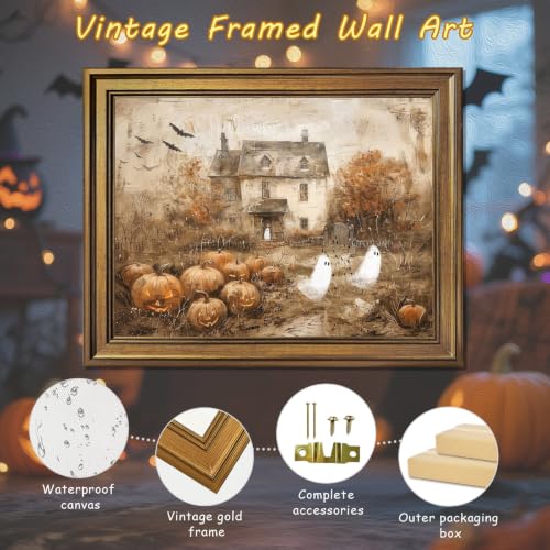 Haunted Halloween Ghosts and Pumpkin Farmhouse Canvas Wall Art - 8x10 Inch Style-4