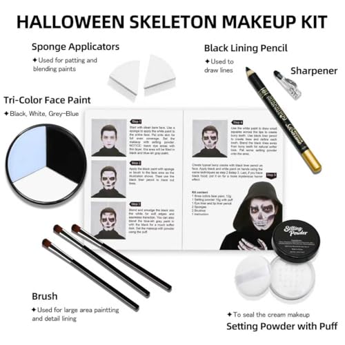 Halloween Skeleton Makeup Kit with Face & Body Paint, Brushes & Sponges