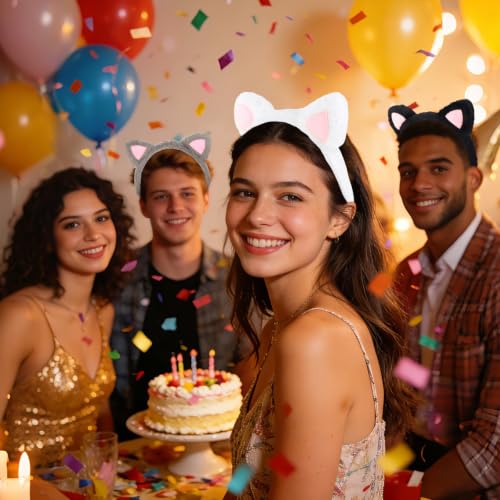 Cat Ears Headband Set - Kitty Costume Accessory for Women Halloween Black White Grey