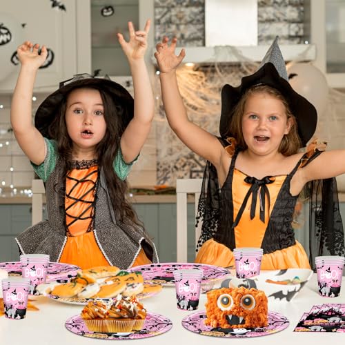 Pink Halloween Birthday Party Plates Napkins Cutlery Set for Kids - 192 Pcs