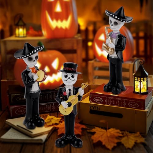 White Day of The Dead Skeleton Figurines with Mariachi Band - Halloween Decor, 3PCS, 5.5In
