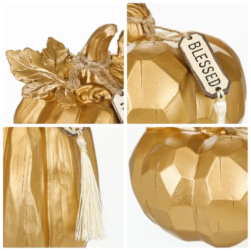 Gold Fall Pumpkin Decor Set of 3 - Faux Resin Autumn Centerpieces with Rustic Stems - Variation Gold#123