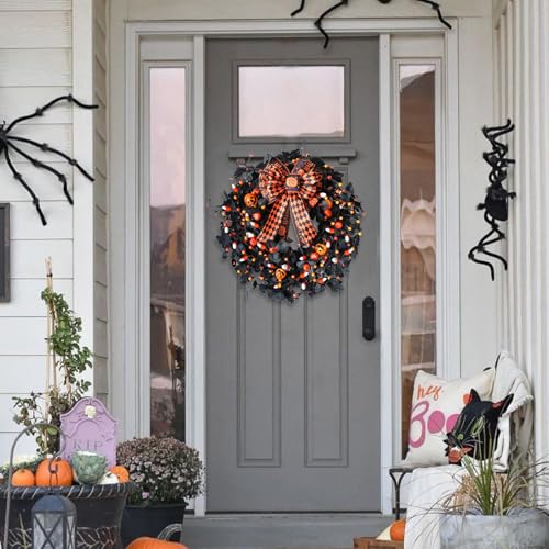 Halloween Wreath with Black Eucalyptus & Pumpkins - 22 Inch Decor with Bow - Indoor Outdoor Holiday Celebration - Variation of Halloween Wreath