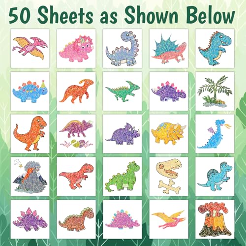 Partywind Dinosaur Glitter Temporary Tattoos for Kids - 50 Sheets, Dinosaur Variation