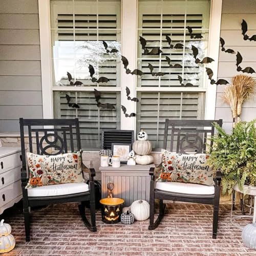 Halloween Pillow Covers 12x20 Inch Pumpkin Ghost Bat Decor - Black Variation