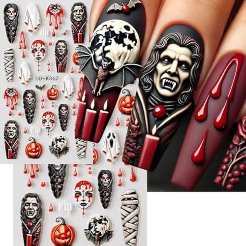 Halloween Nail Art Stickers 5D Embossed Horror Design - Colorful, 2 Sheets