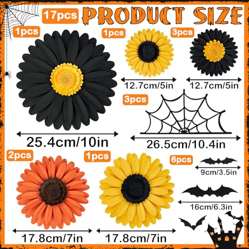 Halloween Daisy Paper Decorations for Office & Wall - Bats, Webs, Fall Flowers - Halloween Party Decor