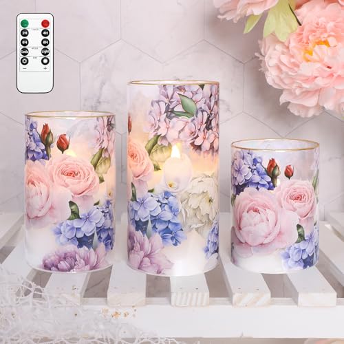 Hydrangea Rose Flameless Candles with Remote & Timer - Real Wax Glass Set of 3