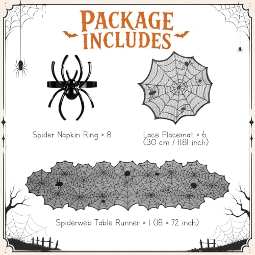 Halloween Spider Table Decoration Set with Web Runner and Lace Placemats