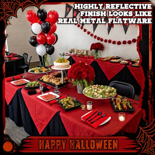 Halloween Disposable Silverware Set - Red & Black, 50 Sets, Pre-Rolled Utensils & Napkins