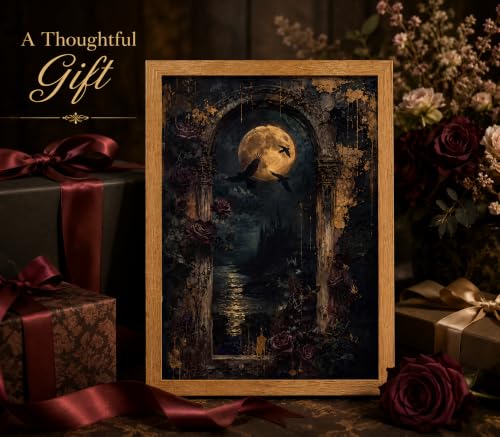 Dark Academia Moon Raven Gothic Canvas Wall Art - 16x12 Inches, Framed Night Scene for Bedroom or Gothic Home Decor