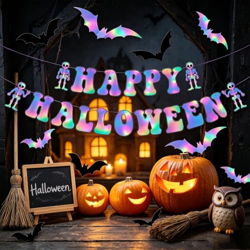 Halloween Party Banner and 3D Bat Decorations - Iridescent & Holographic Set