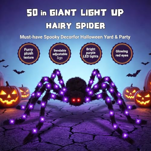 Giant Light Up Halloween Spider Decoration, 50 Inch Outdoor Indoor, Glowing Purple Lights & Red Eyes, Bendable Legs, 8 Light Modes