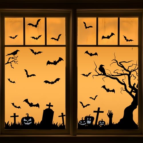 Halloween Window Clings Stickers Set - Tombstone Cross Bats Reusable Decor