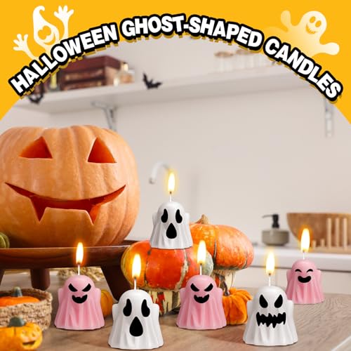 Halloween Ghost Candles Set - White & Pink Spooky Party Decor - Modern Style