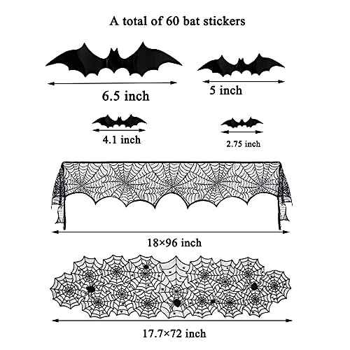 Hommtina 4-Piece Halloween Decorations Set - Tablecloth, Runner, Lace Cover & Bat Stickers