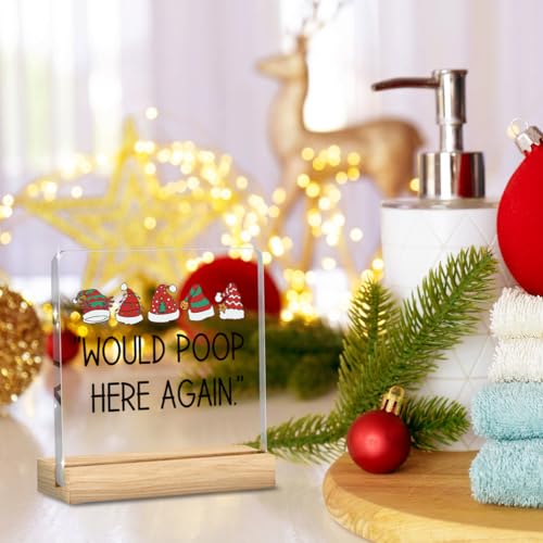 Would Poop Here Again Christmas Bathroom Decor Funny Sign Santa Hat Acrylic