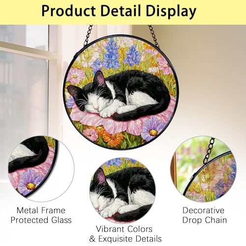 Cat Flower Stained Glass Window Hanging – Handcrafted Sun Catcher with Metal Frame, 7.9 Inches