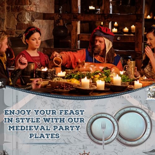 Vintage Style Medieval Party Supplies Set - Silver Pewter Look Dinnerware and Forks for 60 Guests