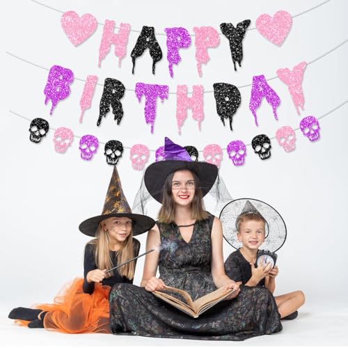 Halloween Birthday Banner & Skull Garland Party Decorations - Goth Gothic Halloween Theme