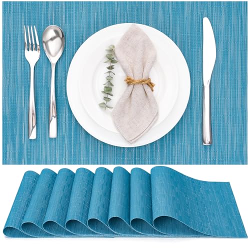 Blue Placemats Set of 8 - 17x12 Inch PVC Table Mats for Dining & Kitchen