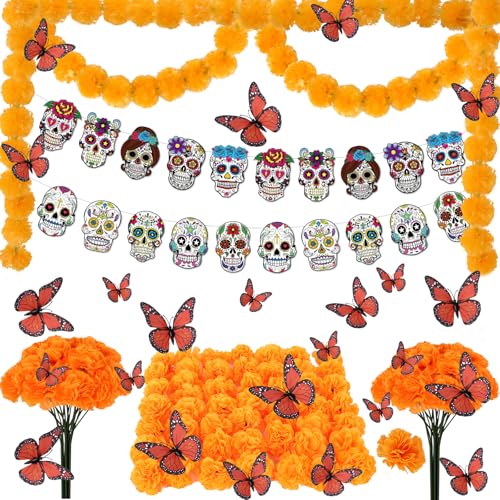 Day of the Dead Decorations Set with Marigold Garlands and Butterfly Accents - 66pcs Dia De Los Muertos Altar Decor