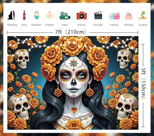 Dia De Los Muertos Backdrop 7x5FT Mexican Fiesta Sugar Skull & Marigold Decor Variation of THIS listing