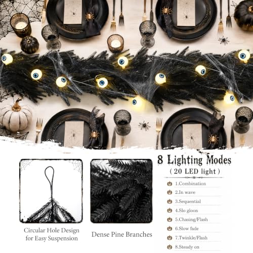 Black Halloween Garland with Eyeball String Lights - 9FT Spider Decoration