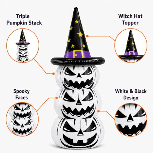 Inflatable Halloween Pumpkin Decoration - 67 Inch White Jack O Lantern Yard Decor with Witch Hat for Outdoor Lawn Porch Garden
