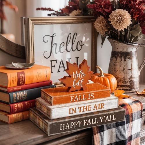 Fall Wooden Maple Leaf Decor Set - Rustic Autumn Home & Kitchen Accent - 4 Pieces Hello Fall Variation