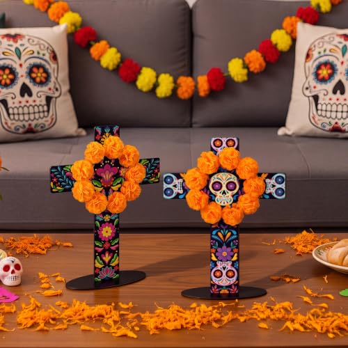 Day of the Dead Table Decor Set - Marigold & Sugar Skull Wooden Crosses, 2 Pieces