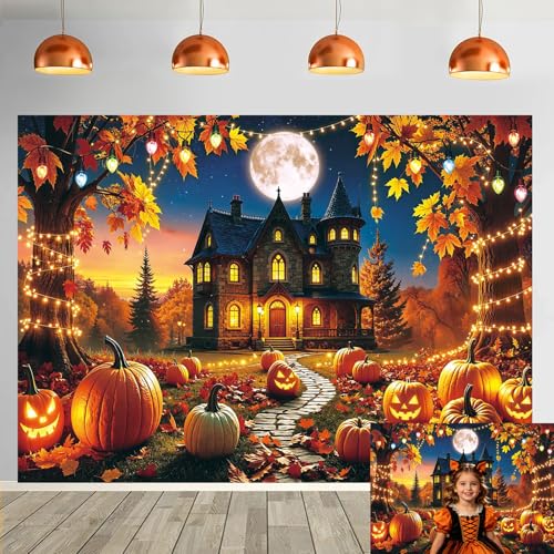 Halloween Fall Backdrop 82x59 Inch Haunted House Pumpkin Full Moon Banner