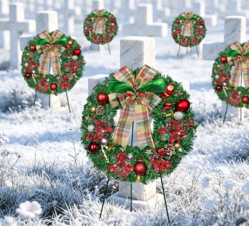 Christmas Cemetery Wreath with Stand - Poinsettias, Bow, All-Weather Decor