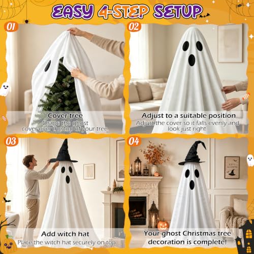 Halloween Ghost Tree Cover with Witch Hat for 6-7 Ft Christmas Trees - Spooky Seasonal Decor