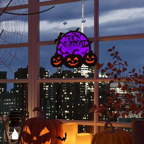 Purple Halloween Pumpkin Lights LED Jack O Lantern with Moons & Web - USB/Battery Powered