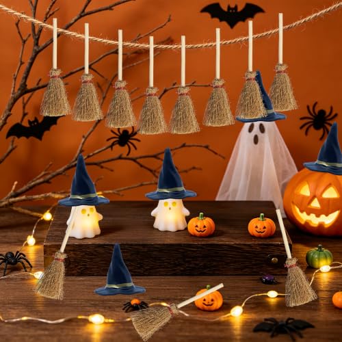 Miniature Witch Hat and Straw Broom Set for Halloween Crafts and Decorations - 40 Pieces