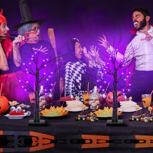 Purple Halloween Black Tree Decorations 24 Inch 2 Pack with Lights & Timer
