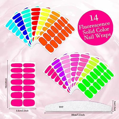 Fluorescence Nail Polish Strips Set - Vibrant Color Self-Adhesive Nail Wraps for Short Nails - 14 Sheets