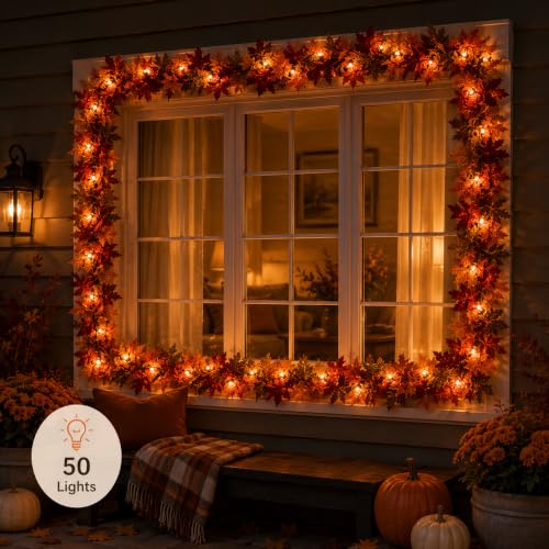 9FT Fall Garland with Lights - Maple Leaf Seasonal Home Decor