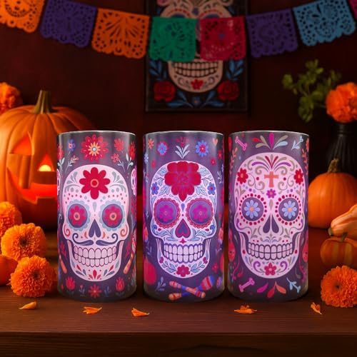 Dia De Los Muertos Flameless Candles Set with Remote Timer - 3 Pack - Variation of THIS listing